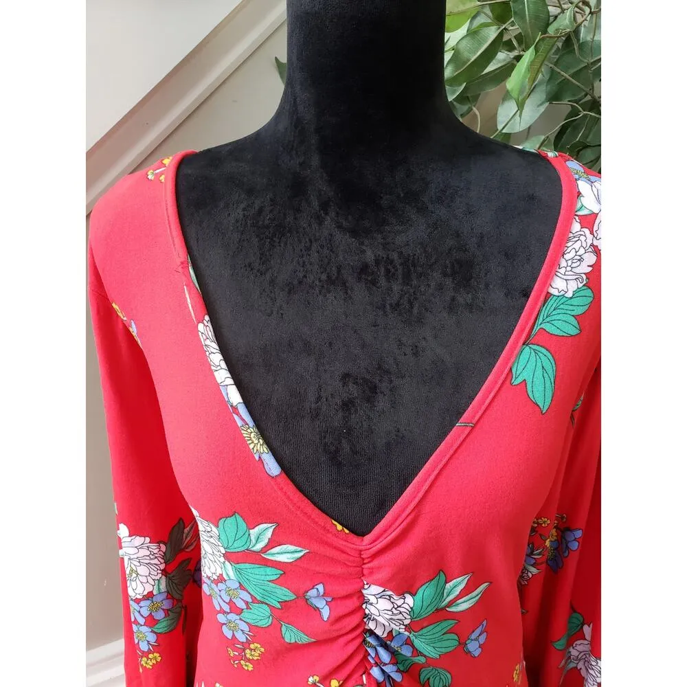 Bobbie Brooks Knee Length Dress Women 3X Red Floral Ruched Long Sleeve V Neck - Image 11