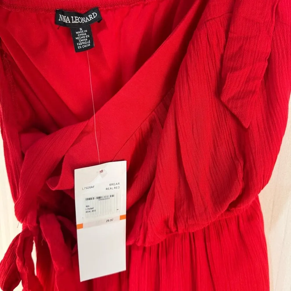 Nina Leonard Tie Strap High-Low Dress Cherry Red Size Small Crinkle Gauze Ruffle - Image 7