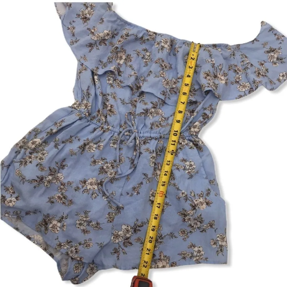 Everly Demi Blue Chambray Floral Off Shoulder Romper - Image 8