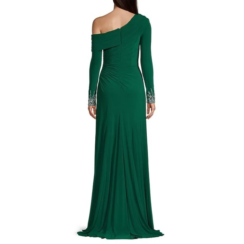 Mac Duggal Asymmetric Neck Long Sleeve Jeweled Emerald Green Formal Gown Size 10 - Image 2
