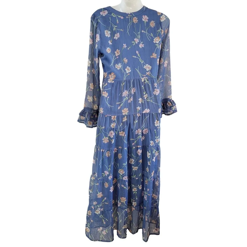 Patrons of Peace Blue Floral Maxi Dress with Long Flutter Sleeves size XS - Image 2