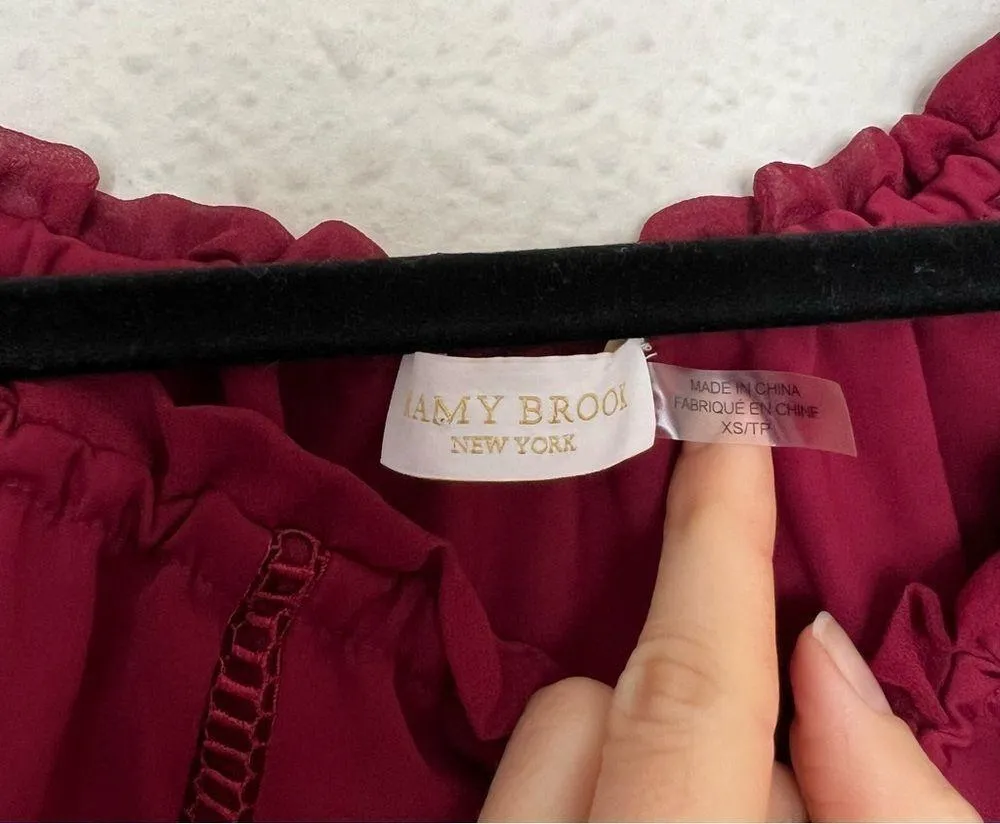 Ramy Brook Thea Off the Shoulder Long Sleeve Chiffon Blouse Top in Burgundy XS - Image 6