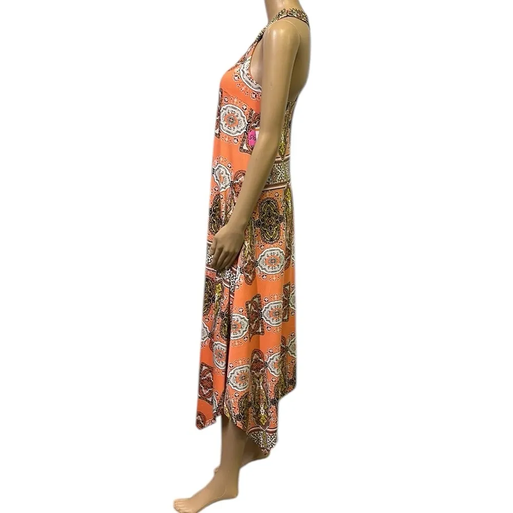 INC Morocco Blissful Medallion Beaded Handkerchief Racerback Midi Dress Small Orange - Image 7
