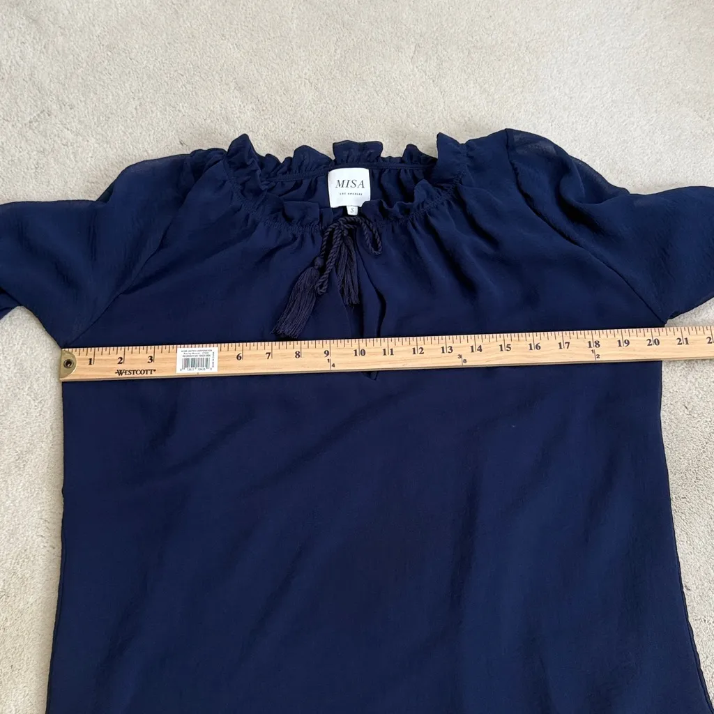 Misa Los Angeles Long Sleeve Ruffle Navy Blouse Top Tassels Size Small - Image 10