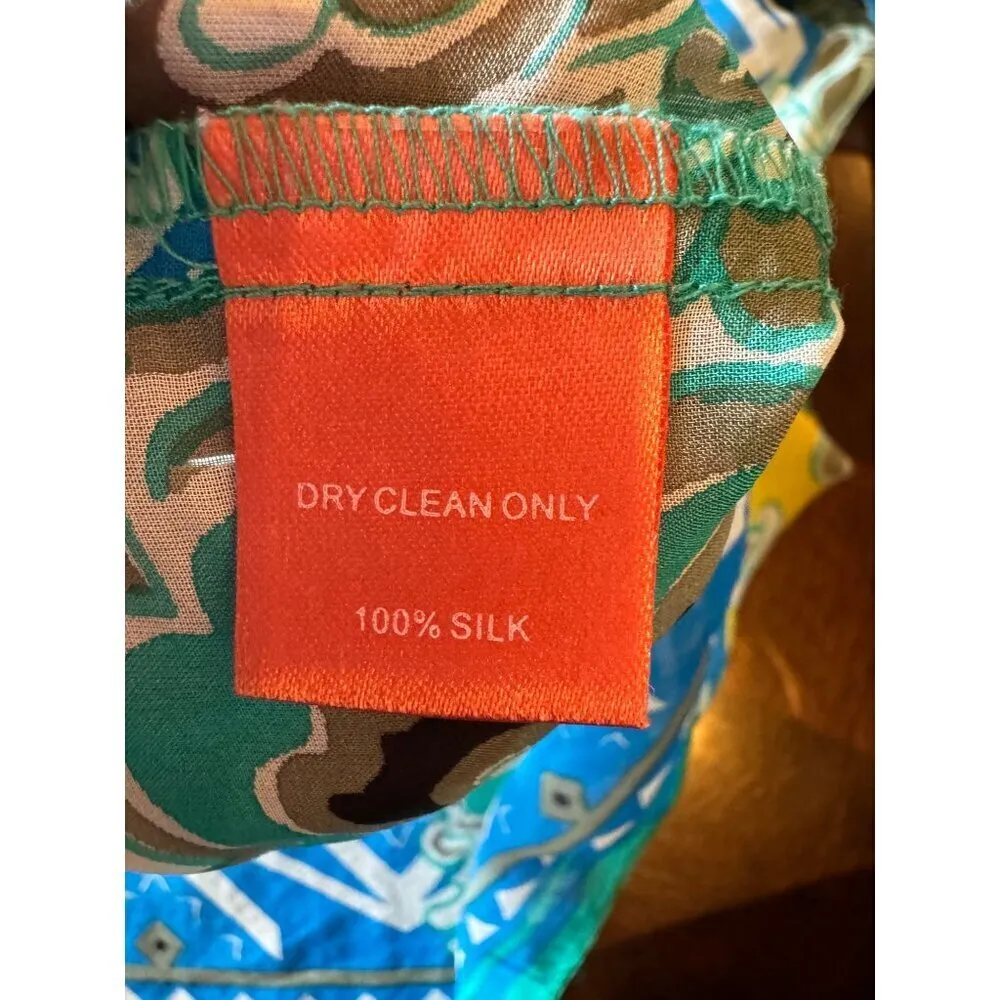 Hale Bob Shirt Women Small Green Blue Silk Beaded V‎ Neck Ruched Sleeve Blouse - Image 11