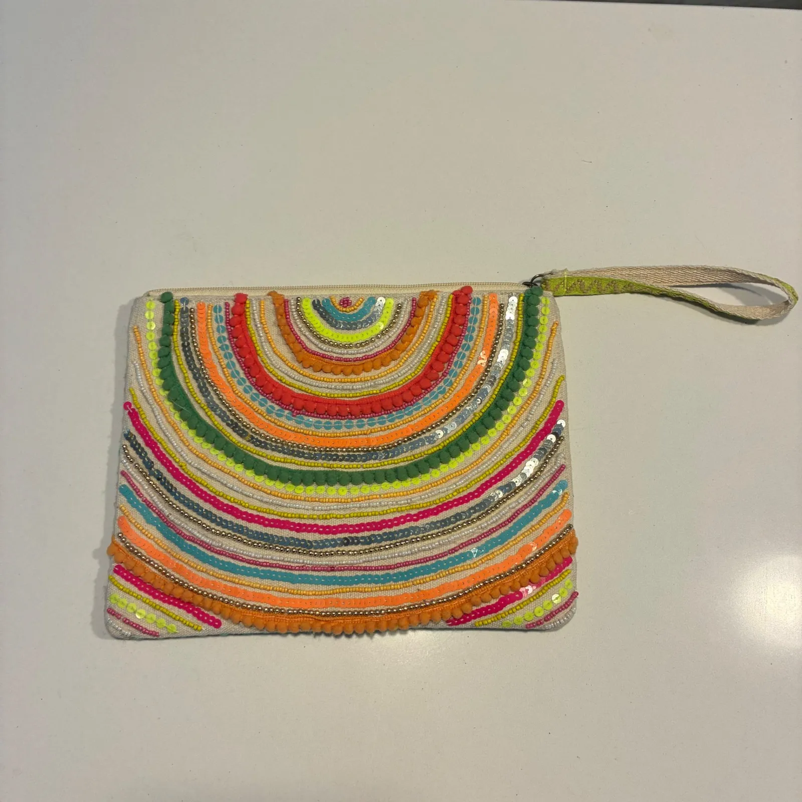 AMERICA & BEYOND Boho Beaded Sequin Clutch Wristlet Pouch Neon Rainbow Festival Yellow - Image 4