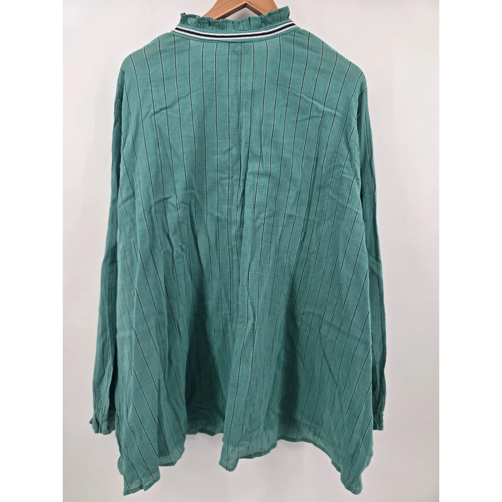 LOGO by Lori Goldstein Teal Striped Ruffle Collar Button Front Blouse Top 2X - Image 3