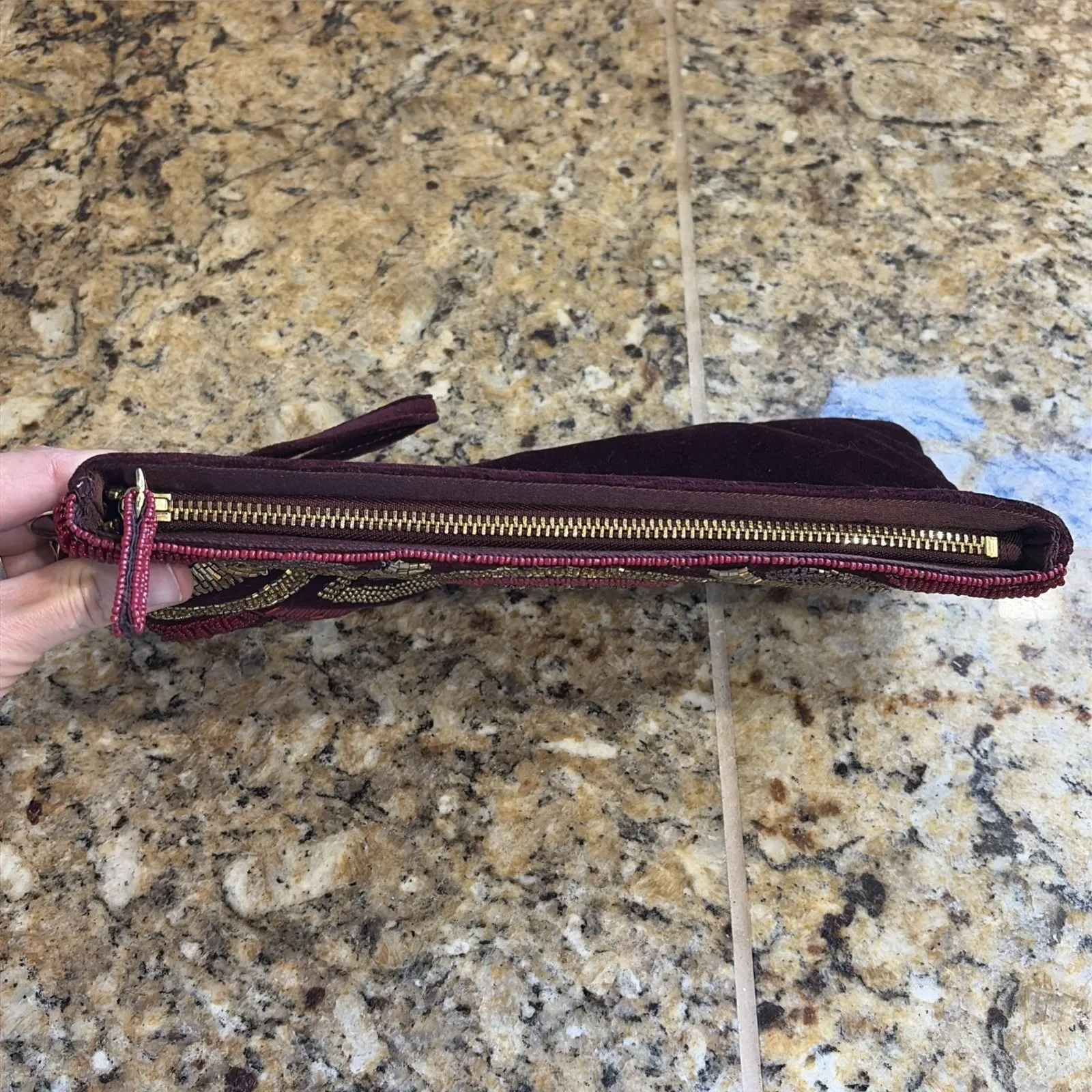 Chico's Maroon Burgundy Gold Beaded Velvet Velour Wristlet Clutch Purse Bag - Image 13