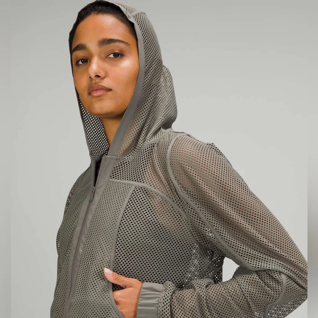 Lululemon Relaxed Fit Mesh Jacket Grey Sage Hooded Zip Activewear Gym Size 6 - Image 3