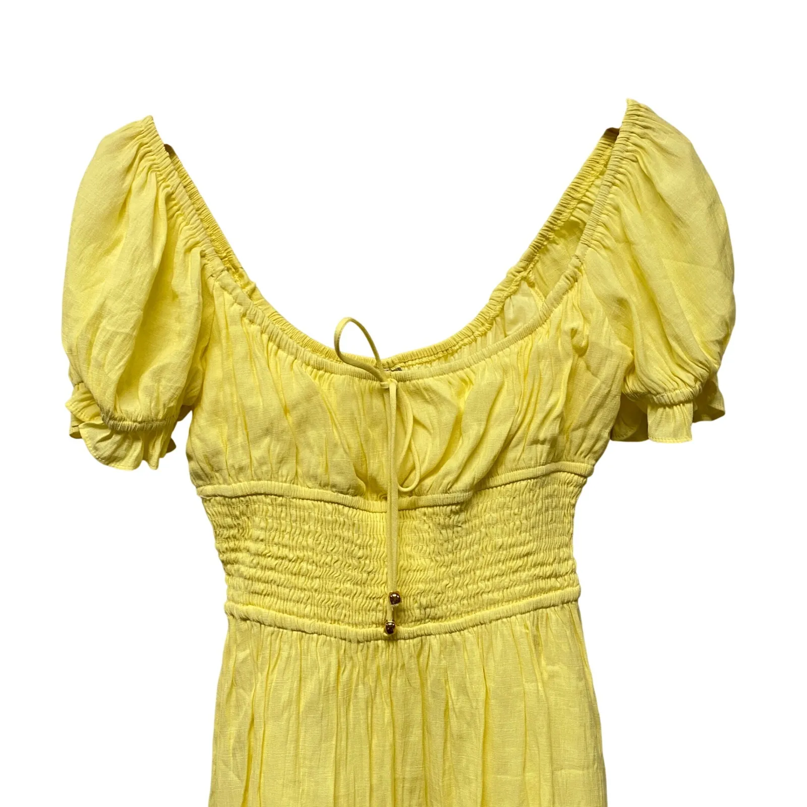 Angel Biba Milkmaid Yellow Smocked Puff Sleeve Tiered Mini Medium Dress Empire - Image 6