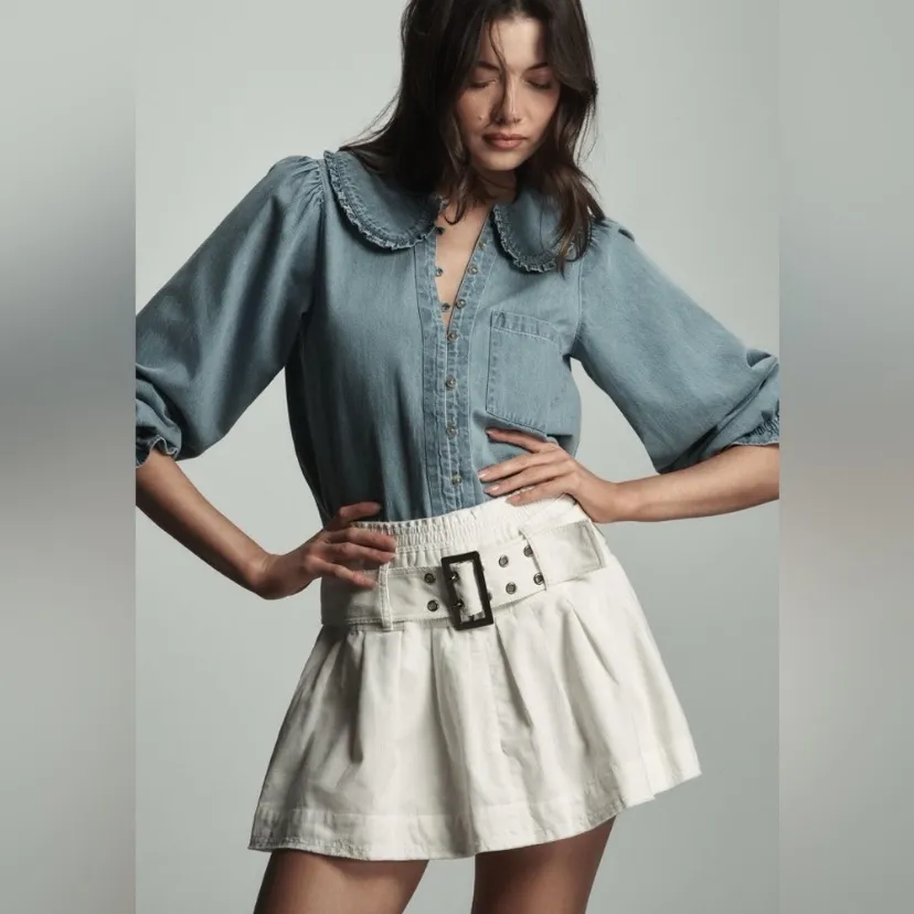 Anthropologie PILCRO Low-Slung Pleated Skirt white corduroy belted y2k‎ sexy - Image 11