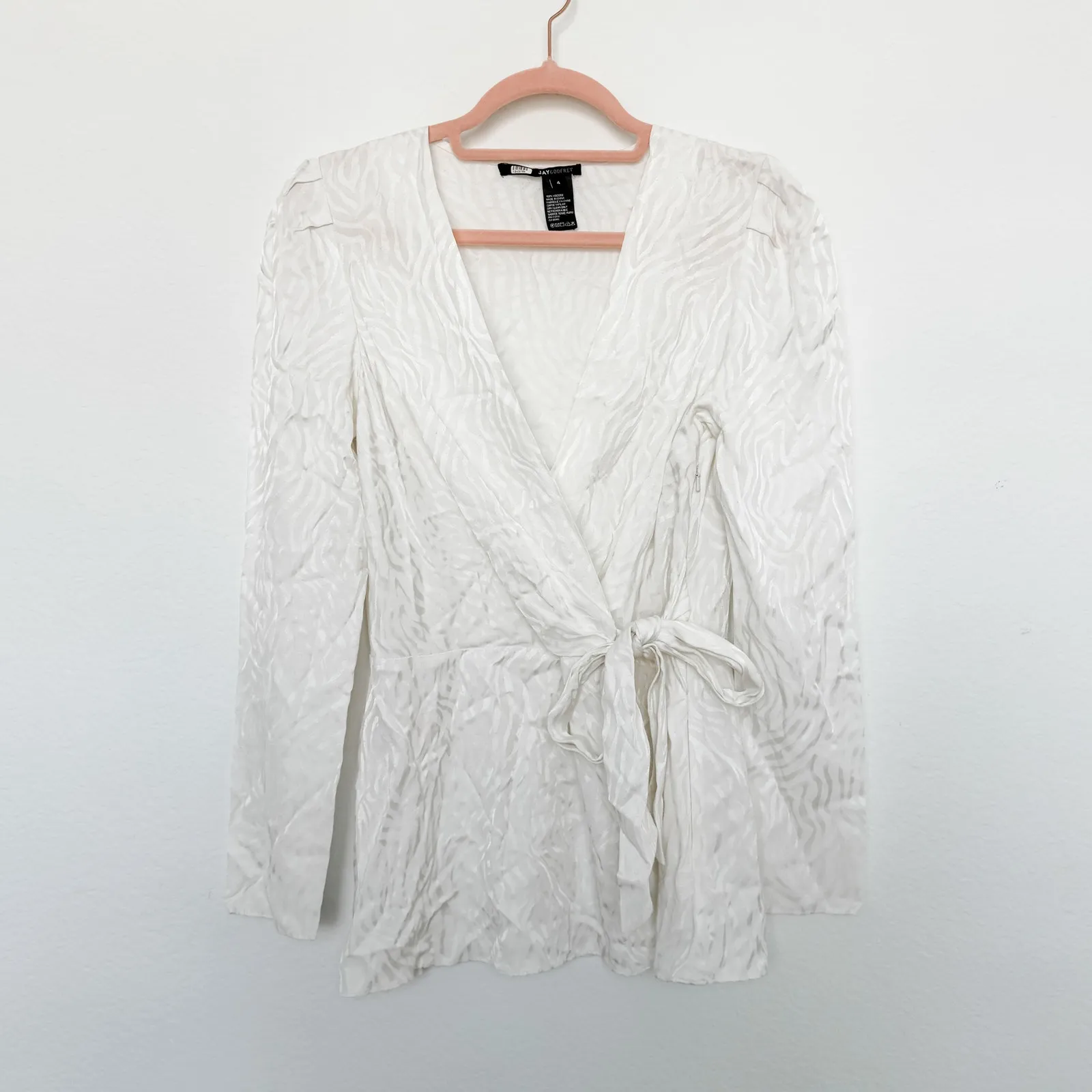 Jay Godfrey Hannah Long Sleeve Wrap Blouse White‎ Size 4 Zebra Classic Workwear - Image 2
