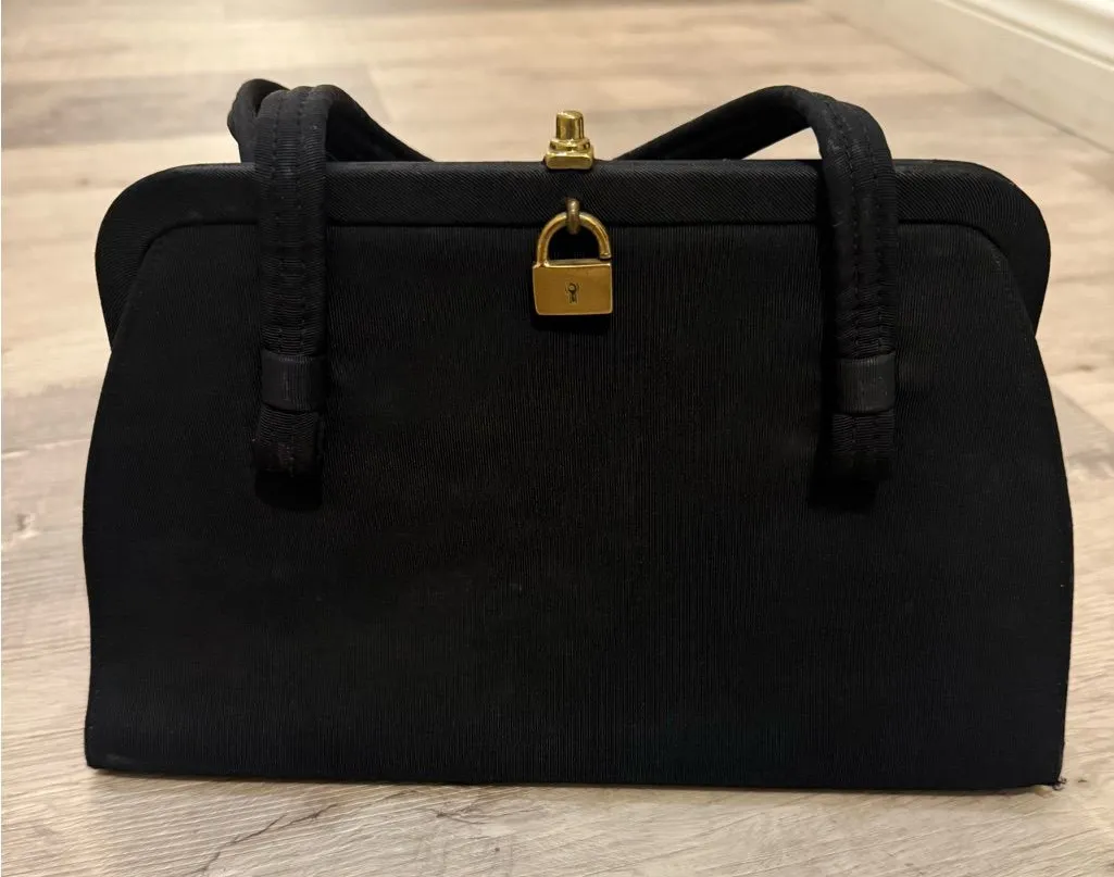 Vintage 1950s L&M Bags by Edwards Black Faille Handbag – Gold Padlock Clasp - Image 1