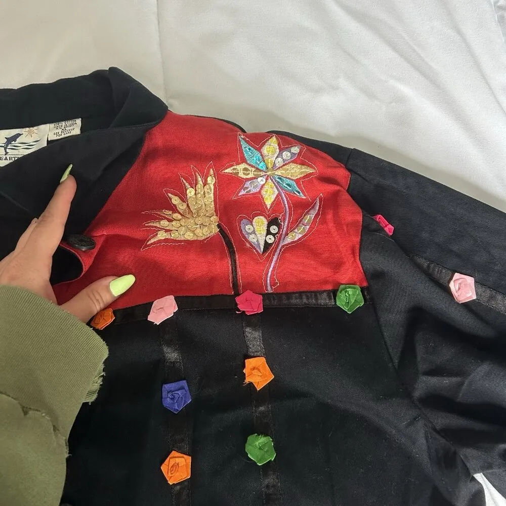 Earth Sea & Sky Jacket Roses Flowers Floral Black Patchwork Buttons Womens XL - Image 6