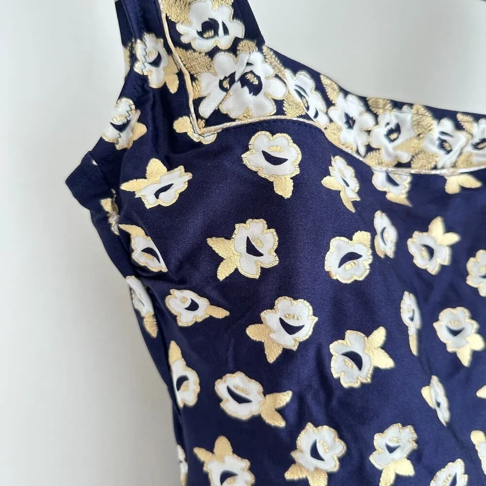 Gottex Swimsuit Medium Navy Floral Metallic Coastal One Piece Modest VTG 70s - Image 6