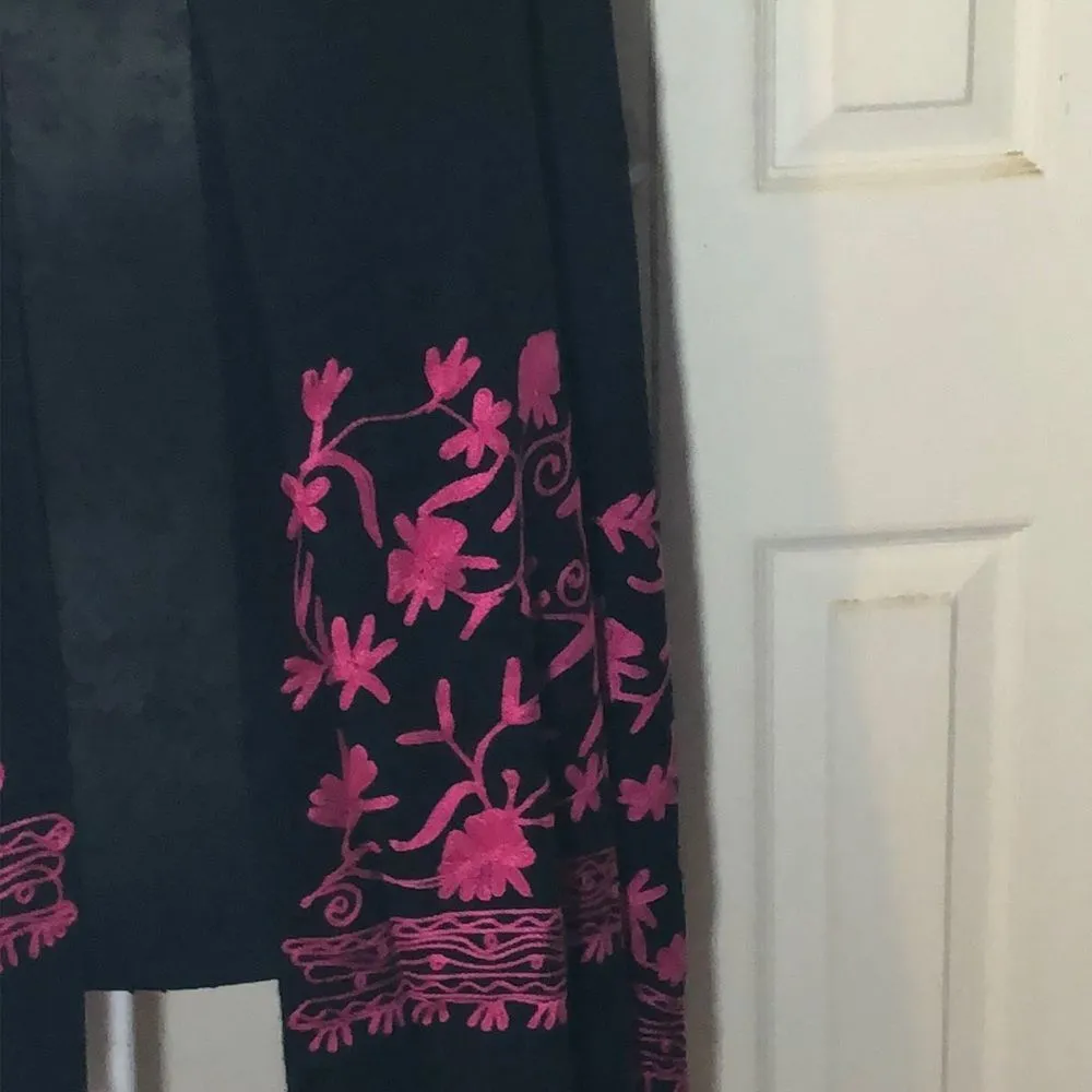 Wide Black Scarf Pink Embroidery Fringed Ends - Image 5