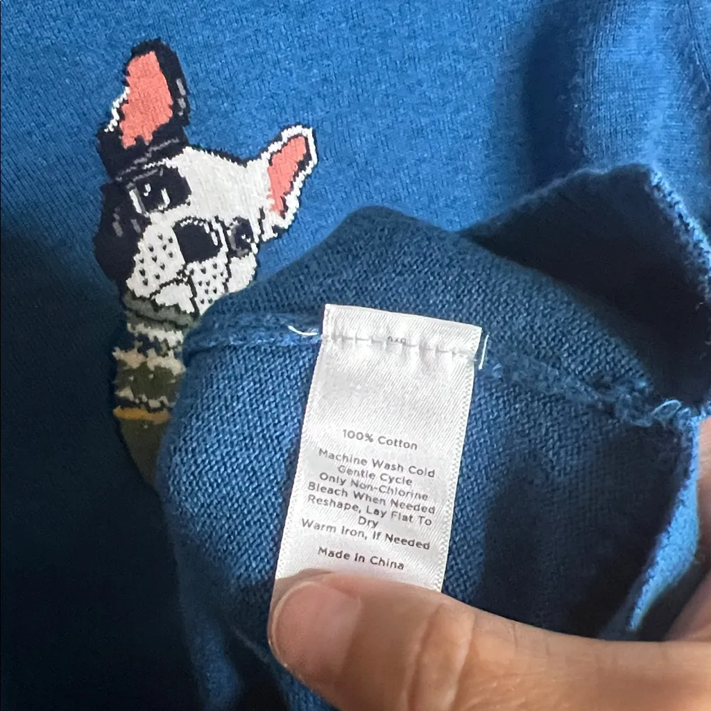 Talbots French Bulldog Cotton Knit Blue Long Sleeve Sweater Pullover Oversize - Image 4