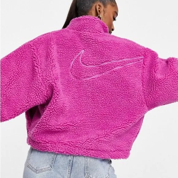 Nike Pink Purple Sherpa Active Faux Fur Cropped Jacket in Magenta - Image 5
