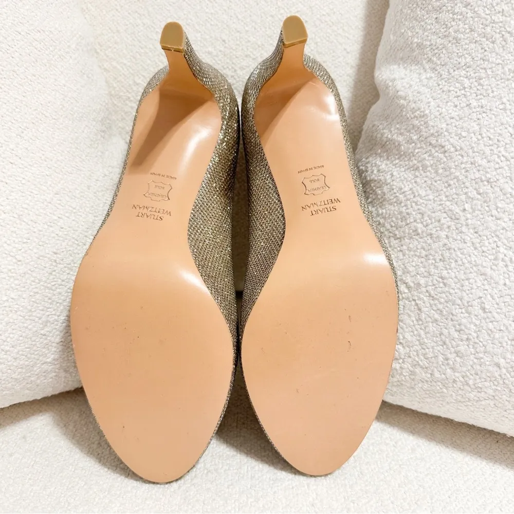 NEW Stuart Weitzman Gold Glitter Shimmer Metallic Open Toe Heeled Pumps sz 8 - Image 6