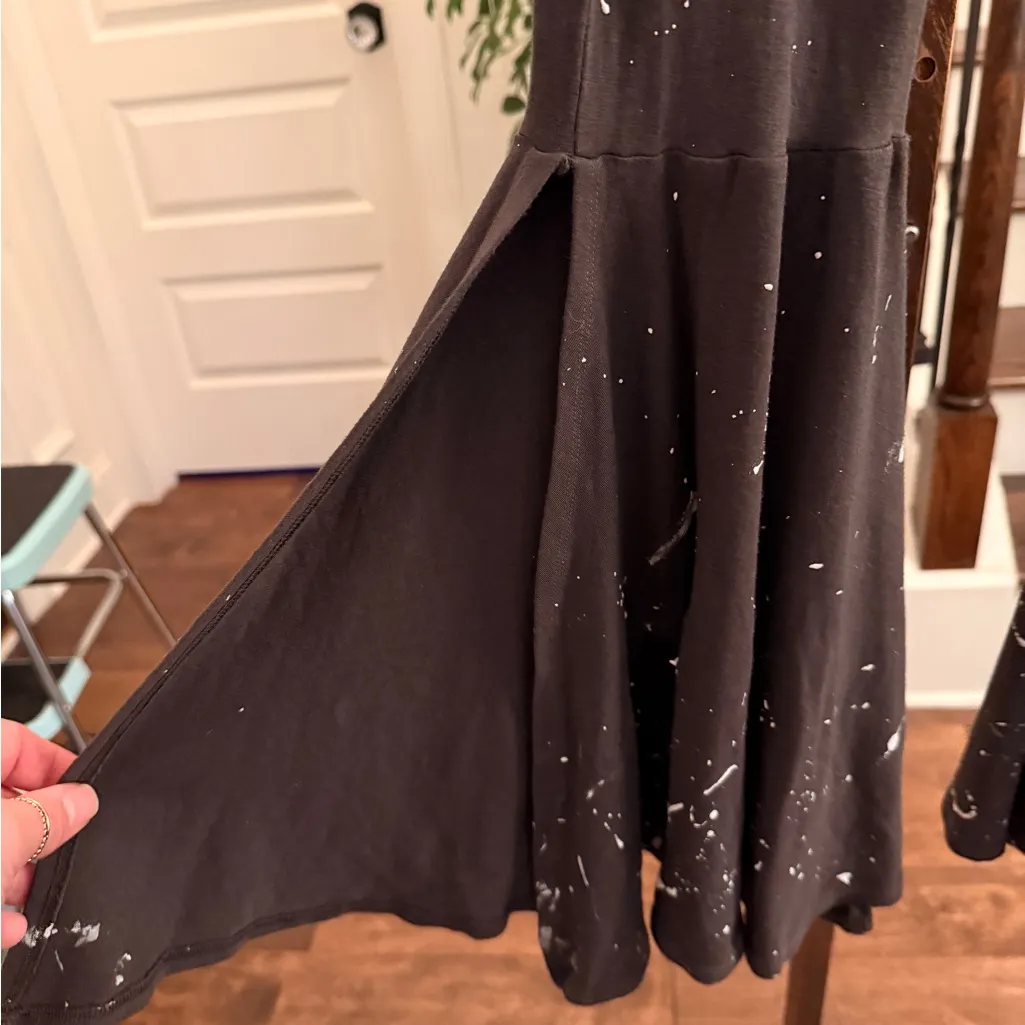 People Of Leisure NWOT Black Paint Splatter Bottom Flare Leggings w/ Slit Flare White - Image 5