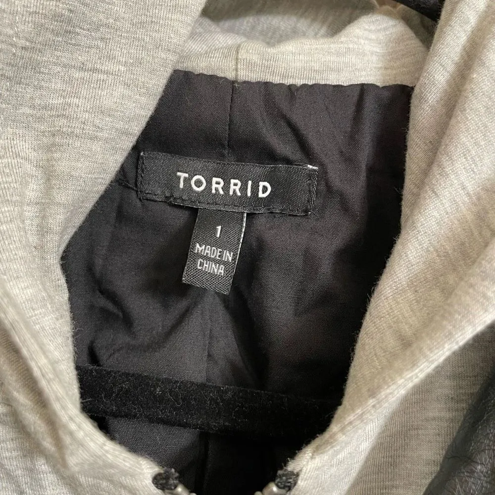 Torrid Black Gray Mixed Media Faux Leather Hooded Moto Jacket, 1X 14/16 - Image 3