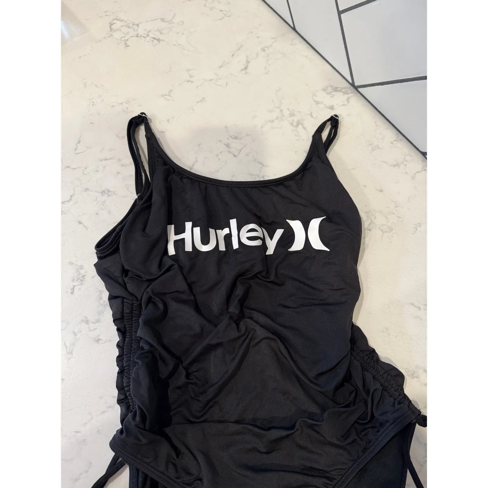 Black Hurley One Piece Swimsuit Cinch Sides black white logo size s sexy - Image 2