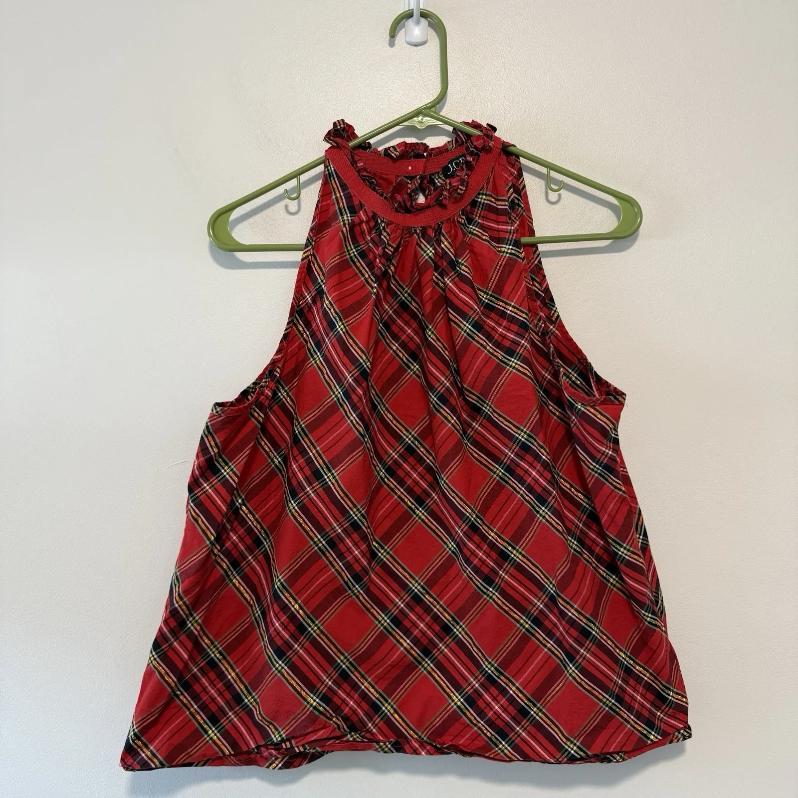 J. Crew Ruffleneck Sleeveless Cotton Poplin Top Good Tidings Holiday Red Plaid - Image 3