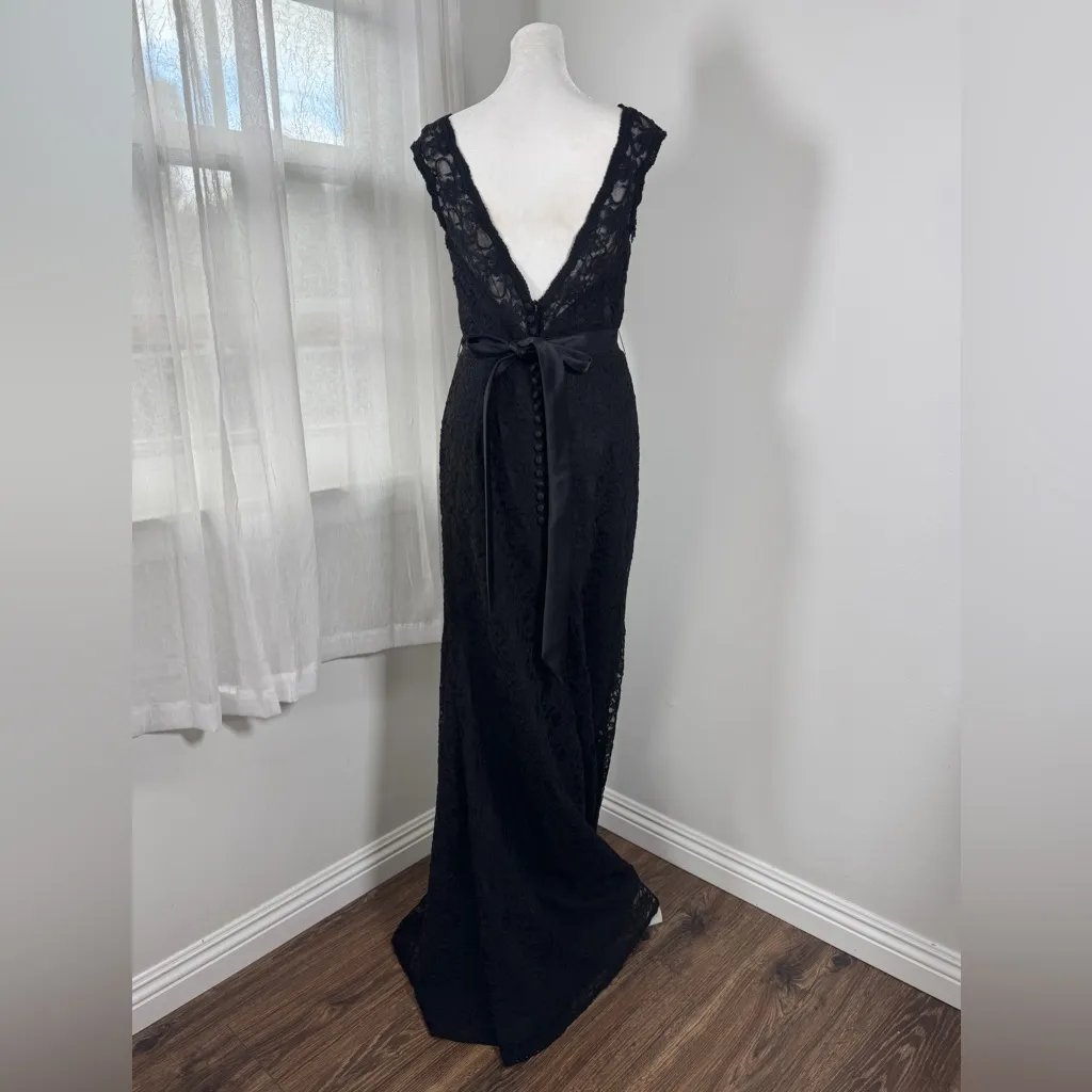 Morilee by Madeline Gardner Black Satin Tie Sash Cap Sleeve Deep V - Image 9