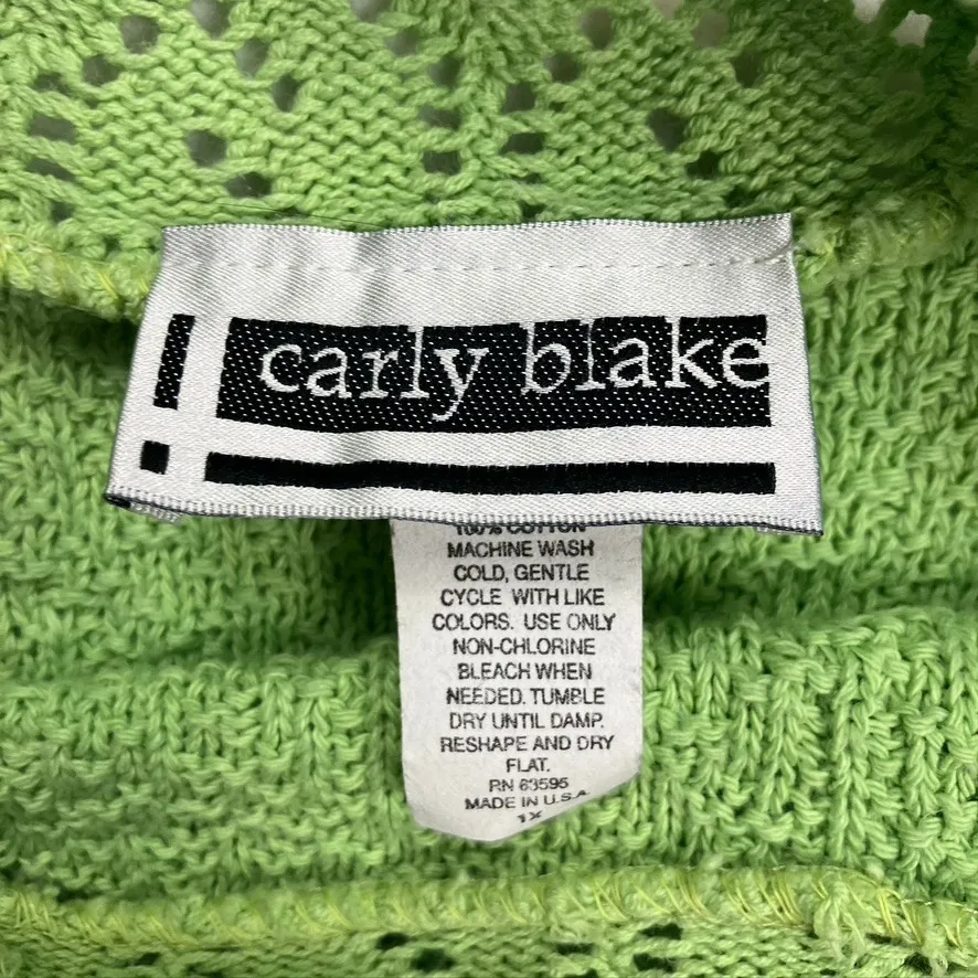 Vintage Y2K Carly Blake‎ Women 1X Green Knit Crochet Short Sleeve Sweater Cotton - Image 2