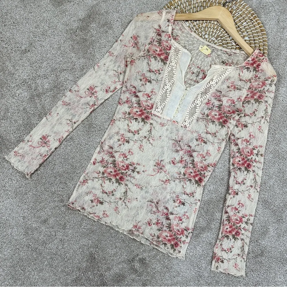 Denim & Supply Ralph Lauren Henley Sheer Lace Delicate Floral Top Cottagecore SP Pink Size undefined - Image 3