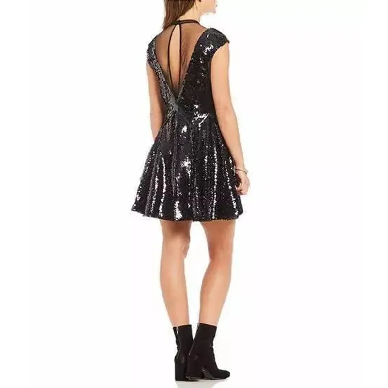 Free People Sequin Illusion Dress L Black Fit Flare Cocktail Goth Glam Showgirl - Image 5