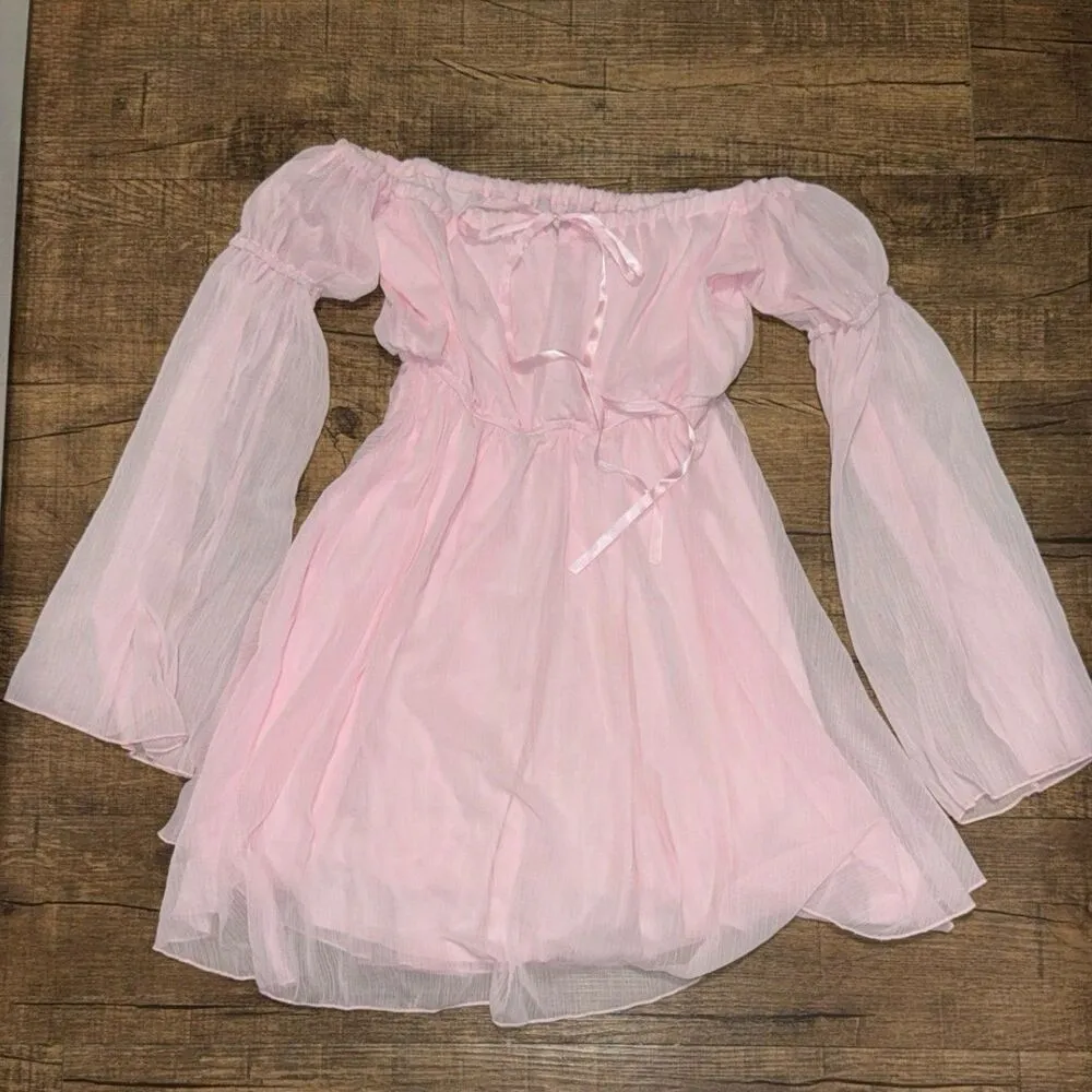 Coquette light pink chiffon flowy off shoulder mini Fairycore bell sleeve dress - Image 2