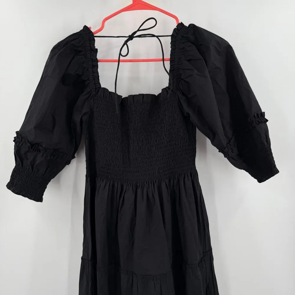 Hill House Nesli Nap Dress Size Extra Small NWT Black Smocked Midi Tiered A - Image 10
