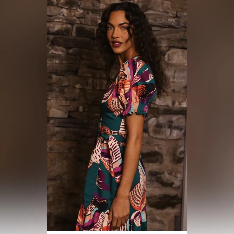 Hutch Danni Dress Teal Jungle Midi Wrap Floral Puff Sleeve Size Medium NWT - Image 9