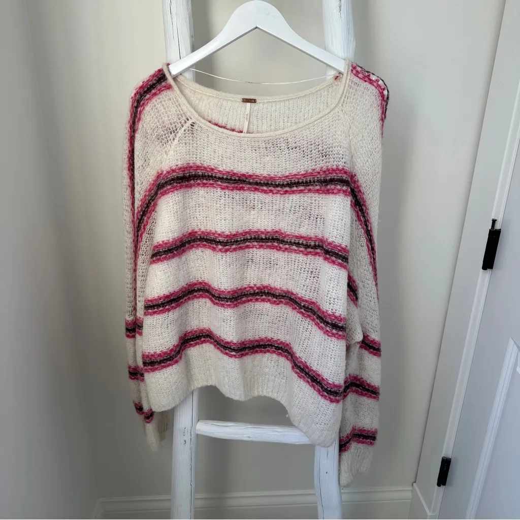 Free People Hockley Stripe Sweater Evening Cream with Pink and Purple Stripes - Image 4