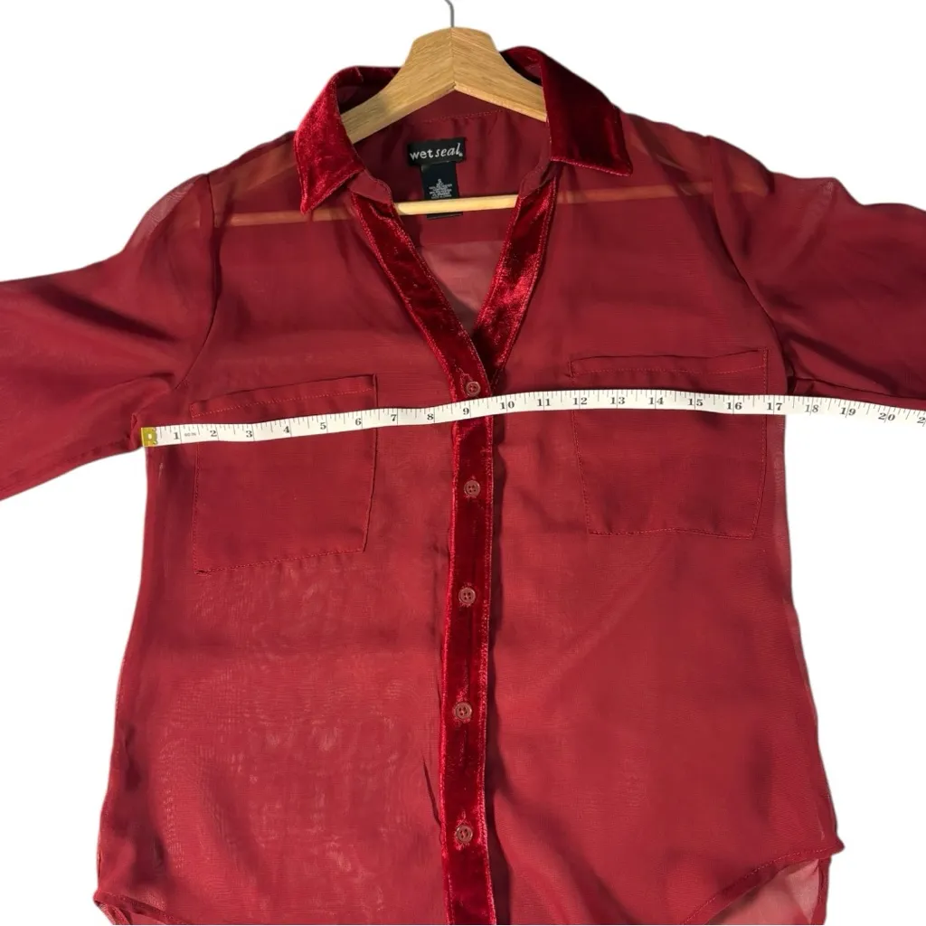 Wet Seal Sheer Velvet Trim Blouse Women’s Small Burgandy Whimsigoth Witchy Y2K - Image 8