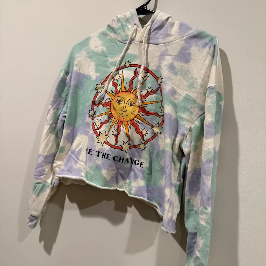 "Be The Change" Mighty Fine Sun Tie Dyed Cropped Boxy Hoodie Sweatshirt Size Med - Image 2