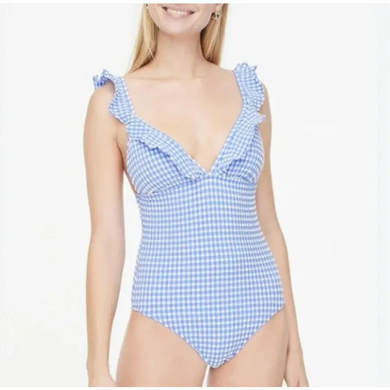 NWT J. Crew Sz L Seersucker Ruffle V-neck One-piece Swimsuit BY483 Blue Gingham - Image 2