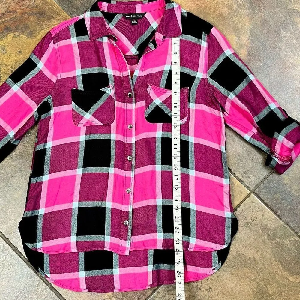 Rock & Republic Pink Black Buffalo Plaid Button Down Small - Image 6
