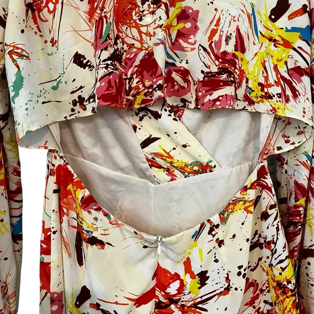 Ark & Co. Paint Splatter Print Cut Out Open Back Long Sleeve Shorts Romper, Sz M - Image 9