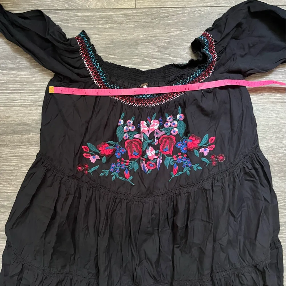 Free People Black Sunbeam Floral Embroidered Tiered Off Shoulder Mini Dress M - Image 8