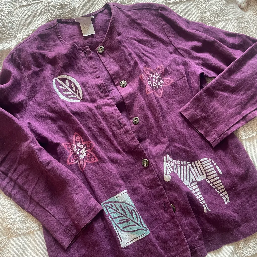 VTG Purple Linen Hand Painted Button Down Jacket Safari Bohemian 80’s - Image 2