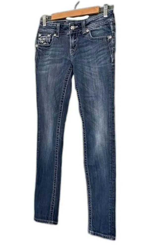 Miss Me Jeans Skinny Embroidered Rhinestone Bling Medium Wash Size 27 JP6211S - Image 7