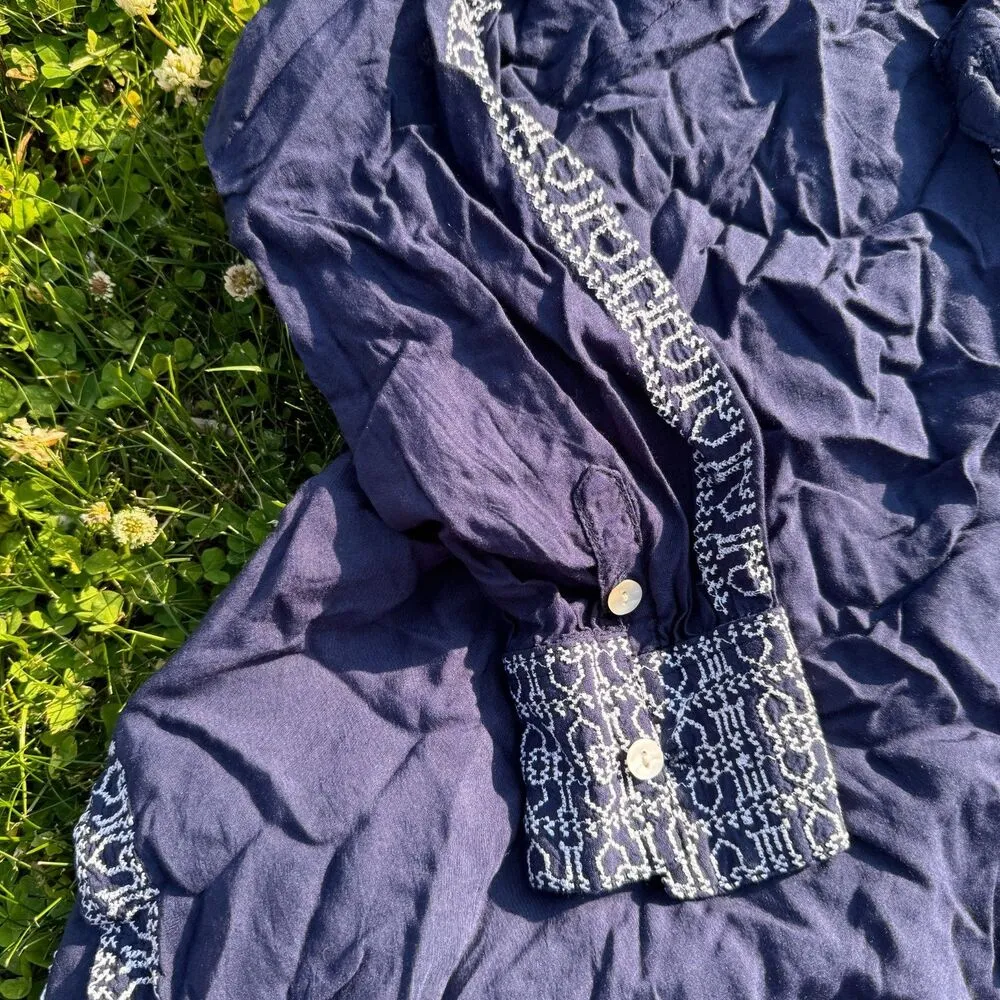 Gretchen Scott Embroidered Notched Navy Peasant Top - Image 2