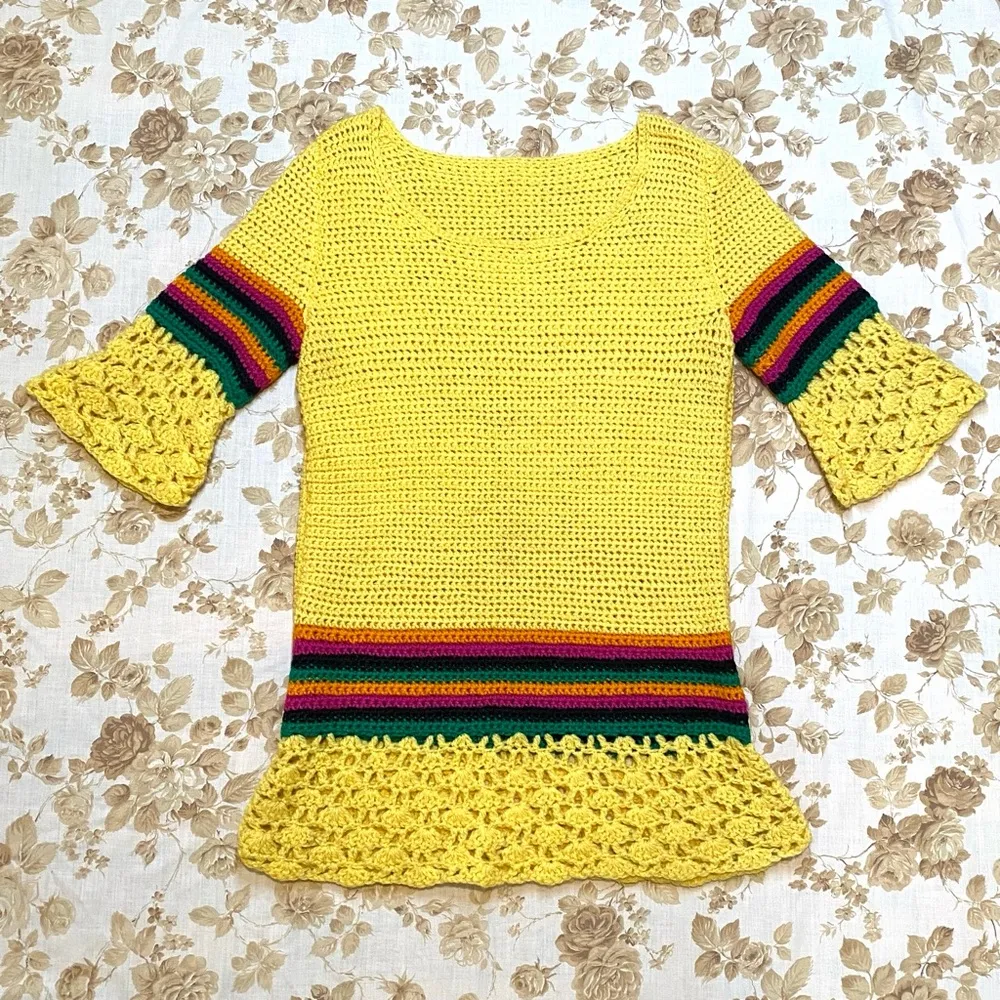 Vintage 70s Handmade sunshine yellow rainbow striped tunic sweater - Image 5
