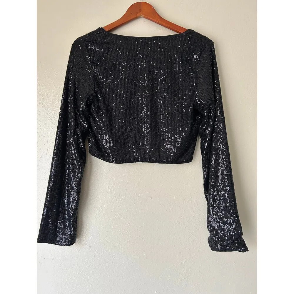 Le Lis Black Sequin Cropped Tie Front Jacket Size Medium - Image 5