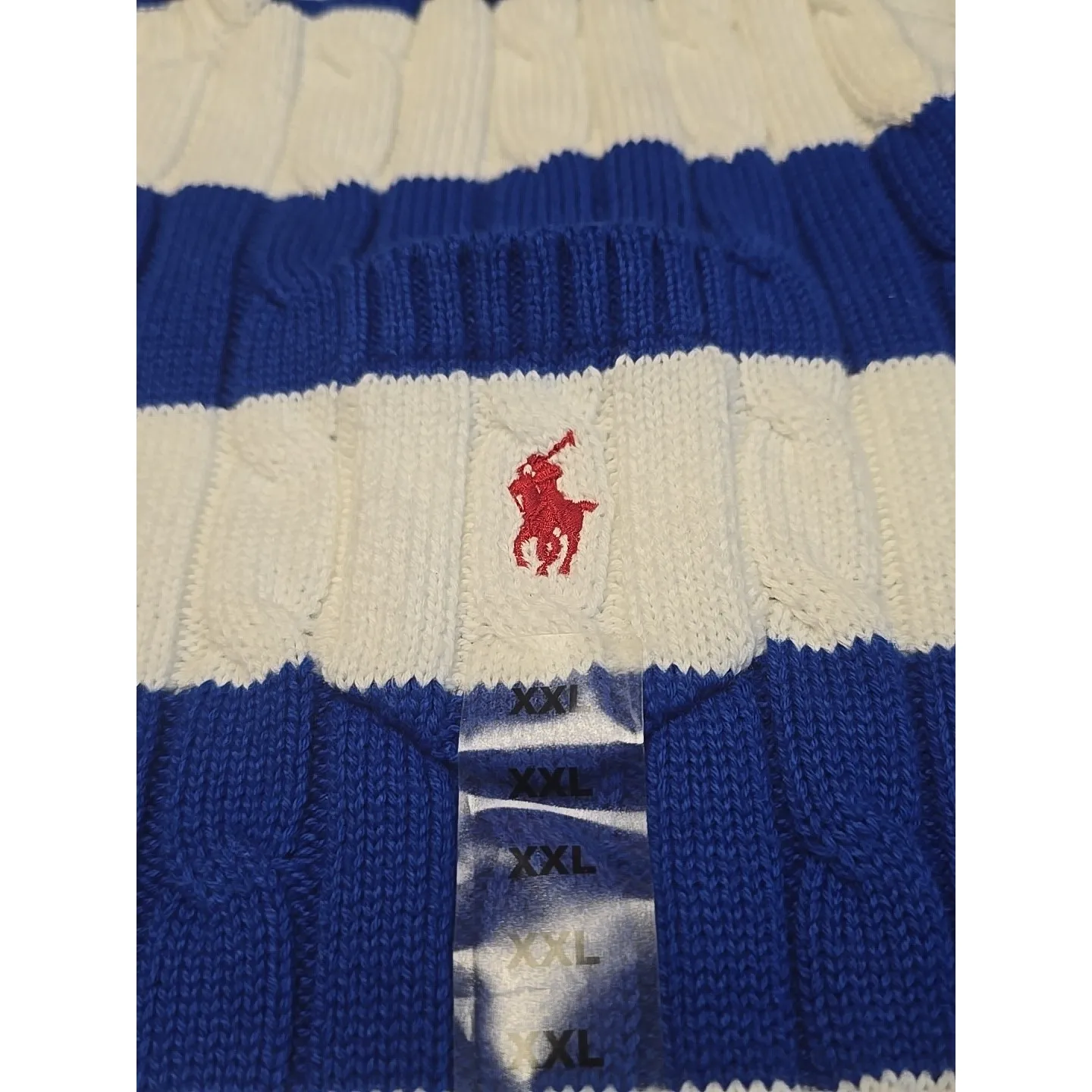 Ralph Lauren Polo Cable Knit Short Sleeve Sweater Jumper Blue & White Stripe XXL - Image 9