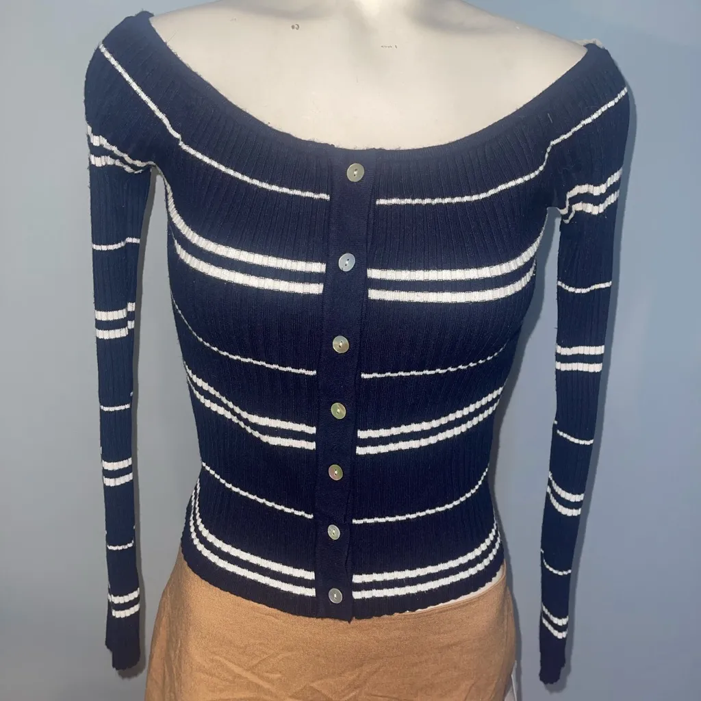 PacSun Lottie Moss off shoulder navy blue ripped striped button cardigan sweater - Image 4