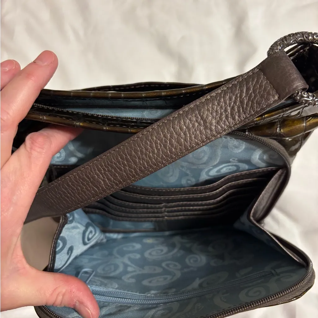 Brighton Croc Embossed Leather Shoulder Bag Brown Zip Hobo - Image 7