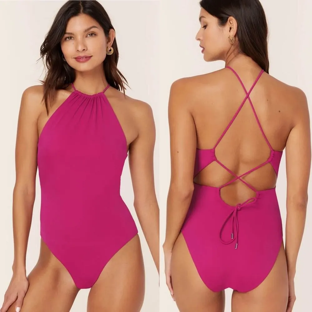 Andie NEW Pink Criss Cross Back High Neck Solid The Saidia One Piece Magenta L - Image 7